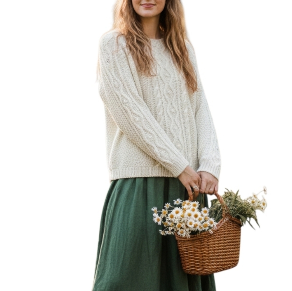 Vintage Hand-Knit Cream Wool Blend Cable Knit Sweater - Fisherman Style